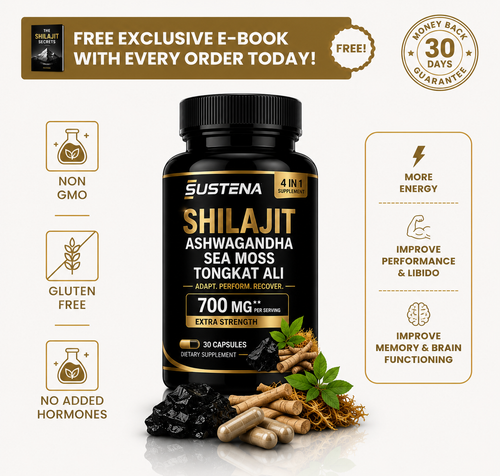 Sustena Shilajit supplement bottle centered on a light beige background, surrounded by promotional text, icons, and ingredient imagery including black rocks, capsules, and green leaves.