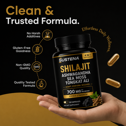 A hand holds a black bottle of Sustena Shilajit dietary supplement against a dark background with gold and white text callouts about clean, trusted formula and benefits.